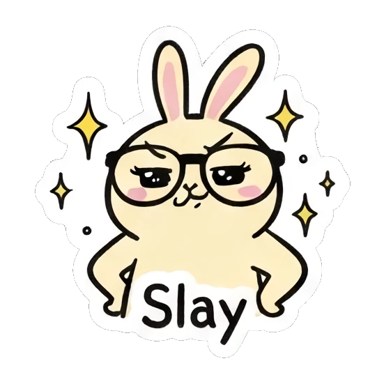 Confident rabbit posing with slay text. Smart Bunny Daily Moods sticker for expressive chats and social replies.