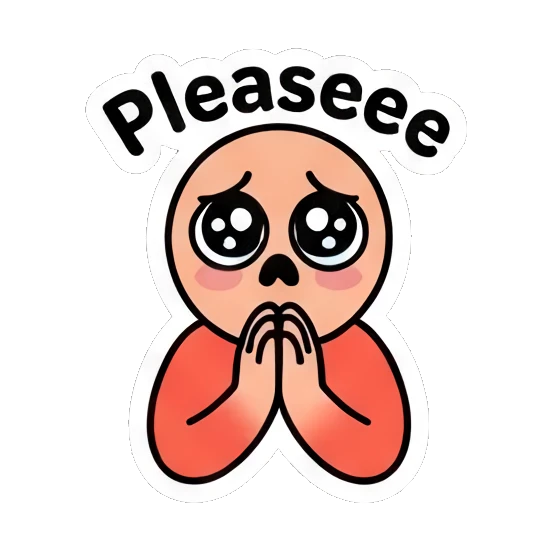 Pleading buzz-cut man with puppy eyes, text Pleaseee. Buzz Cut Guy Daily Vibes sticker for expressive chats and social replies.