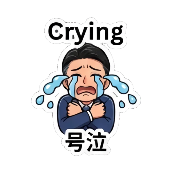 Businessman crying with blue tears, text Crying Professional Office Guy sticker for expressive chats and social replies.