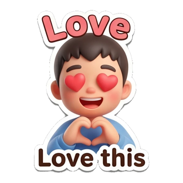 Loving boy with heart-shaped eyes and hands forming a heart. Little Boy Daily Expressions sticker for expressive chats and social replies.