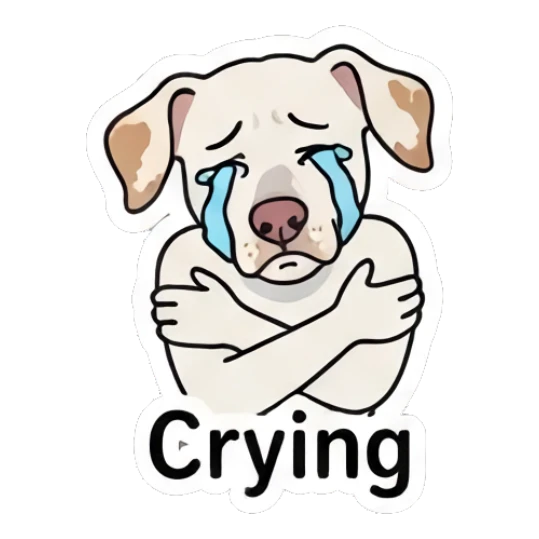 Sad puppy hugging itself and crying with text Crying Playful Spotted Puppy Expressions sticker for expressive chats and social replies.