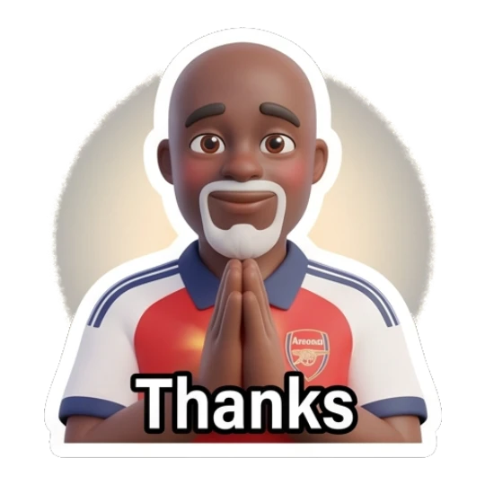 Man with hands in prayer gesture with text Thanks Arsenal Fan Emotions sticker for expressive chats and social replies.