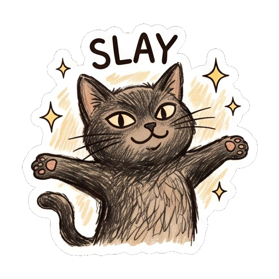 Confident black cat posing with sparkles and SLAY text Charcoal Sketch Kitties sticker for expressive chats and social replies.