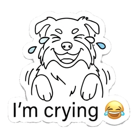 Crying dog with tears and a laughing emoji Indie Line Art Doggy sticker for expressive chats and social replies.
