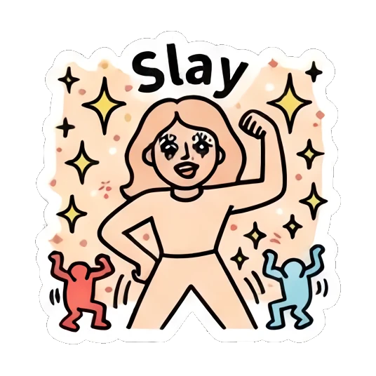 Girl flexing muscles confidently, text Slay Keith Haring Style Girl sticker for expressive chats and social replies.