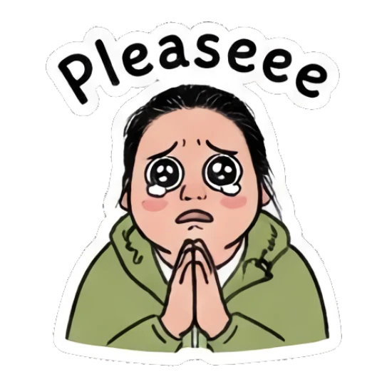 Girl with pleading eyes and hands together, text Pleaseee Daily Moods of a Girl sticker for expressive chats and social replies.