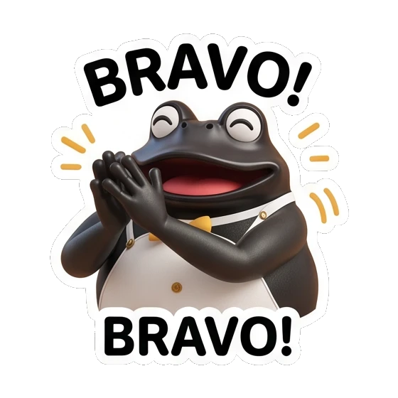 Frog clapping hands enthusiastically, text BRAVO! Fancy Frog Sports Club sticker for expressive chats and social replies.
