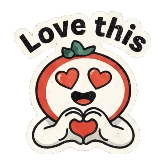 Loving tomato character forming a heart shape with hands and text Love this Retro Tomato Moods sticker for expressive chats and social replies.
