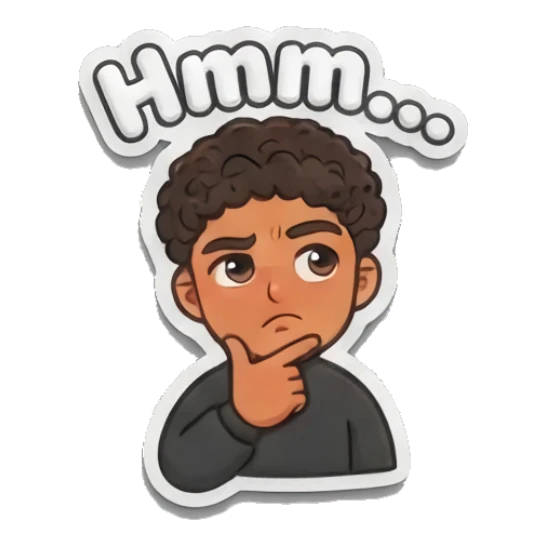 Curly-haired boy deep in thought with a finger on his chin. Curly Hair Boy Daily Vibes sticker for expressive chats and social replies.
