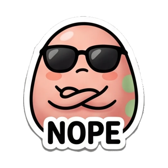 Pink egg wearing sunglasses with arms crossed and text NOPE Pinky Egg Expressions sticker for expressive chats and social replies.