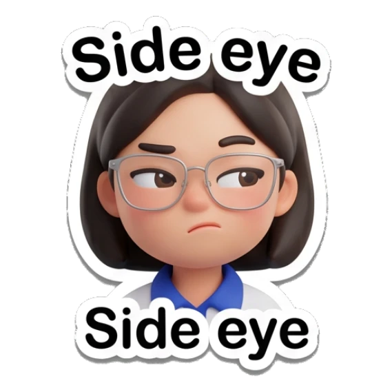 Girl with glasses giving a suspicious side eye look. Cheerful Glasses Girl Daily sticker for expressive chats and social replies.