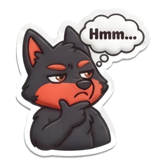 Thinking wolf with hand on chin saying Hmm Puffy Wolf Moods sticker for expressive chats and social replies.