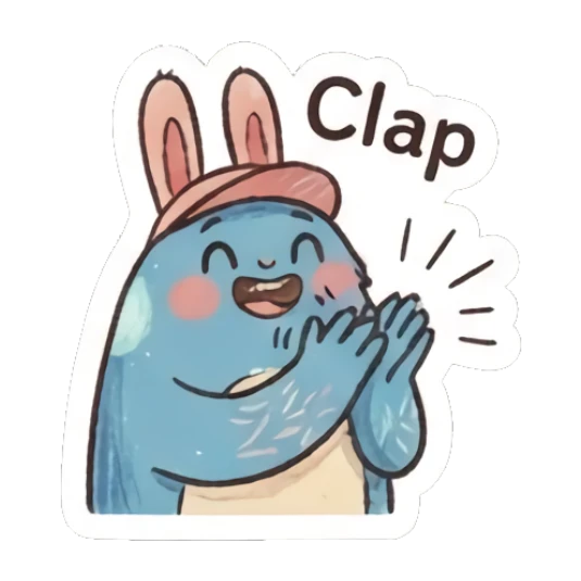 Blue bunny clapping hands together with text Clap Furry Blue Bunny Buddy sticker for expressive chats and social replies.