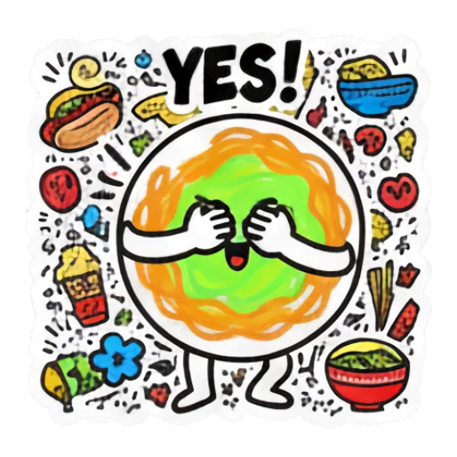 Circular food character covering eyes with 'YES!' text Doodle Foodie Vibes sticker for expressive chats and social replies.