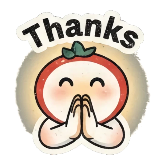 Tomato character with hands together in gratitude and text Thanks Retro Tomato Moods sticker for expressive chats and social replies.