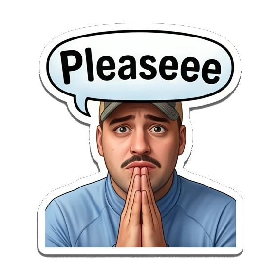 Man with mustache in cap pleading with hands together Mustache Guy Daily Vibes sticker for expressive chats and social replies.