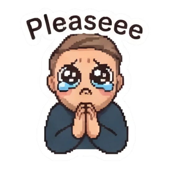 Pleading man with teary eyes and hands together. Pixel Guy Daily Vibes sticker for expressive chats and social replies.