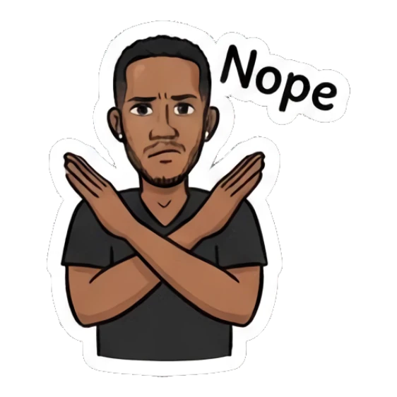 Man crossing arms in rejection with text Nope Modern Couple Daily Vibes sticker for expressive chats and social replies.