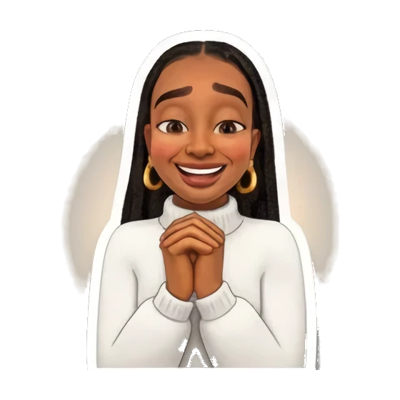 Young woman with hands clasped together in gratitude, smiling Vibrant Afro-Style Expressions sticker for expressive chats and social replies.