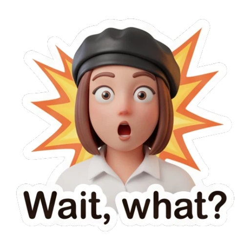 Shocked girl in beret with wide eyes and mouth open, text Wait, what? Chic Beret Girl sticker for expressive chats and social replies.