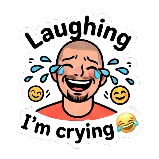 Laughing buzz-cut man with tears of joy, text I'm crying. Buzz Cut Guy Daily Vibes sticker for expressive chats and social replies.