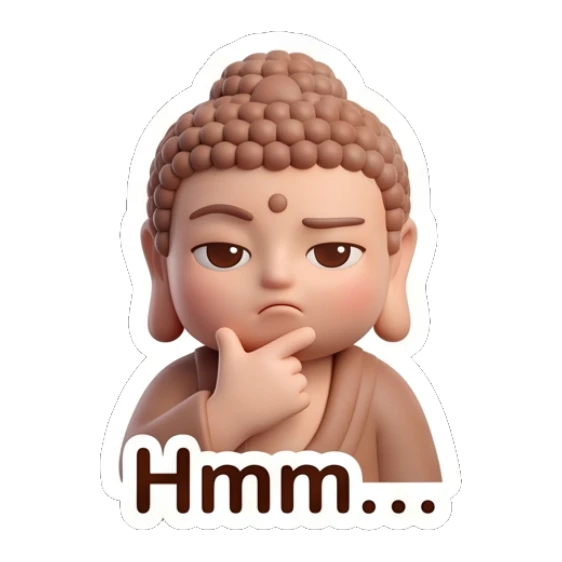 Little Buddha looking thoughtful with a hand on chin. Zen Little Buddha Vibes sticker for expressive chats and social replies.
