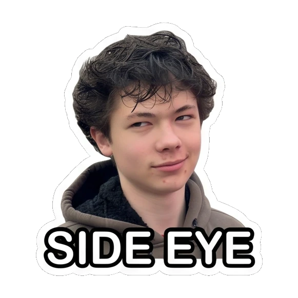 Teen boy looking skeptical with side eye, text SIDE EYE Teen Boy Daily Expressions sticker for expressive chats and social replies.