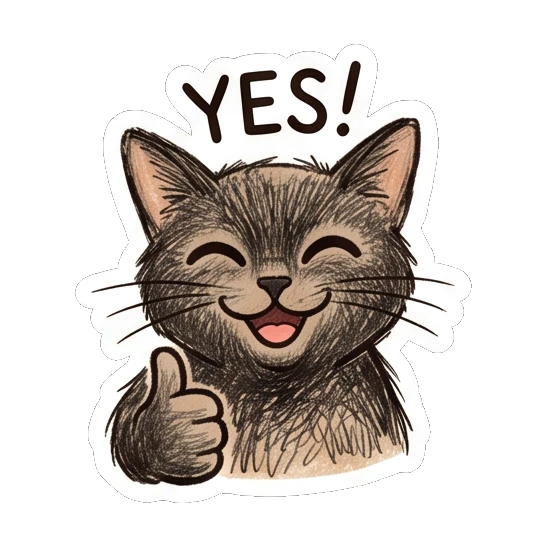 Cheerful black cat giving a thumbs up and YES text Charcoal Sketch Kitties sticker for expressive chats and social replies.