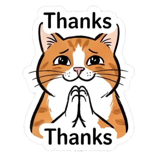 Grateful orange cat with paws together and text Thanks Doodle Orange Cat Daily sticker for expressive chats and social replies.
