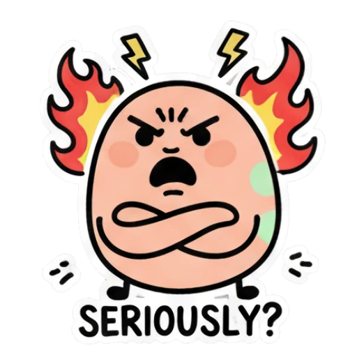 Pink egg character with fire aura and crossed arms, text SERIOUSLY Little Pink Egg Adventures sticker for expressive chats and social replies.