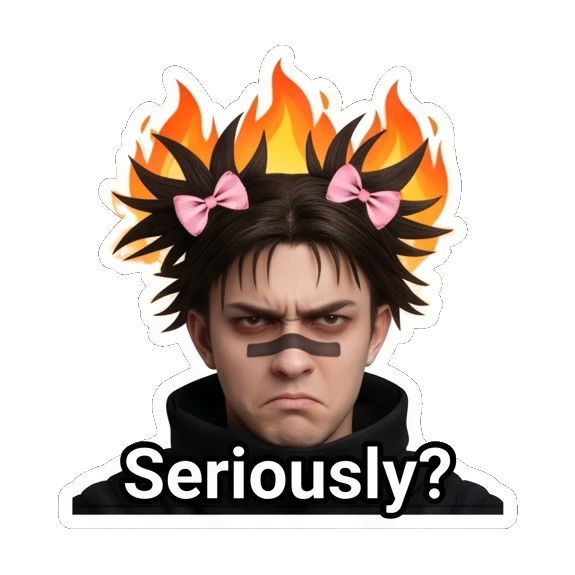 Annoyed young man with fire effect on hair and text Seriously? Spiky Hair Boy Reactions sticker for expressive chats and social replies.
