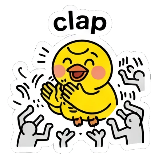 Yellow duck clapping with surrounding figures with text 'clap' Keith Haring Style Yellow Duck sticker for expressive chats and social replies.