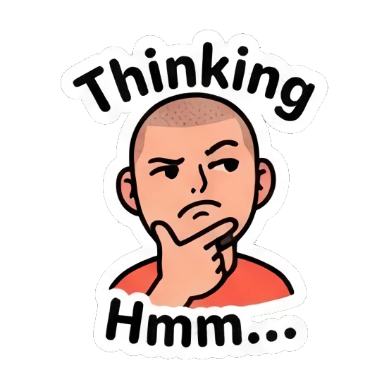 Thoughtful buzz-cut man resting chin on hand, text Hmm. Buzz Cut Guy Daily Vibes sticker for expressive chats and social replies.
