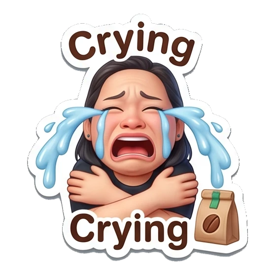 Woman crying loudly with coffee bag, text Crying Coffee Lover Daily Expressions sticker for expressive chats and social replies.