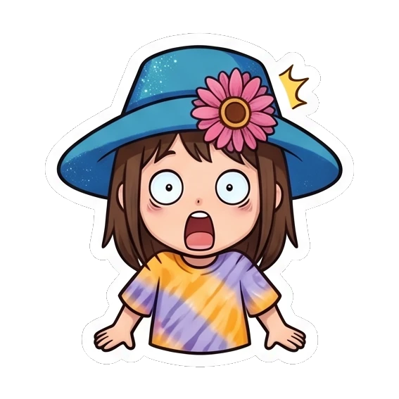 Girl in blue hat looking shocked with wide eyes Summer Hat Girl Adventures sticker for expressive chats and social replies.