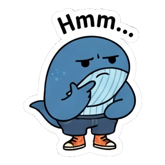 Thoughtful blue whale touching chin and Hmm... text Cool Blue Whale Vibes sticker for expressive chats and social replies.