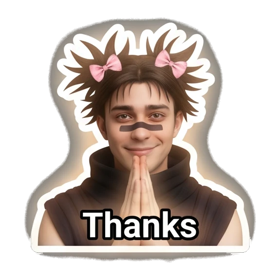 Young man with hands pressed together in gratitude with text Thanks Spiky Hair Boy Reactions sticker for expressive chats and social replies.