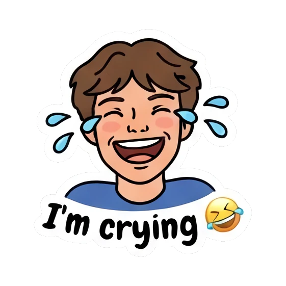 Boy laughing with tears of joy and 'I'm crying' text Cool Guy Daily Vibes sticker for expressive chats and social replies.