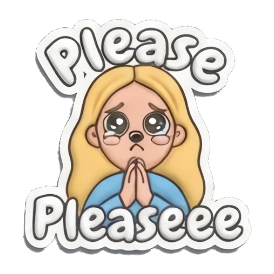 Blonde girl begging with puppy eyes and Please text Playful Blonde Girl Expressions sticker for expressive chats and social replies.