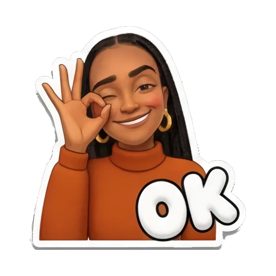 Young woman making an OK hand sign with a satisfied smile, text 'OK' Vibrant Afro-Style Expressions sticker for expressive chats and social replies.