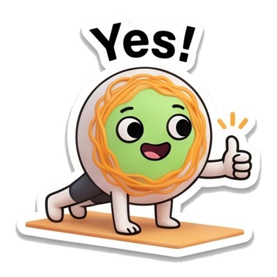 Noodle character doing a push-up with a thumbs up and text Yes! Gym Noodle Buddies sticker for expressive chats and social replies.
