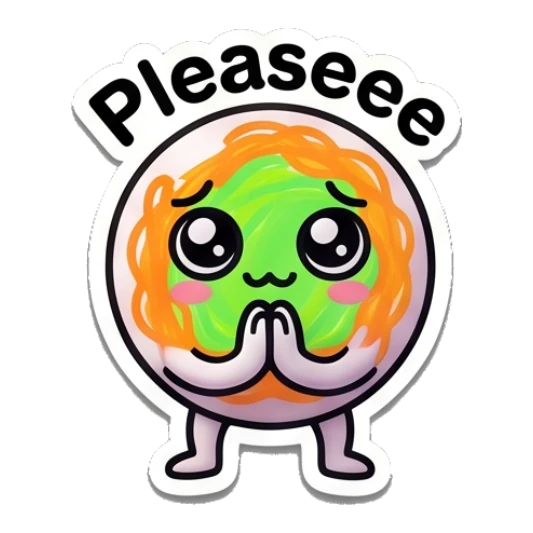 Citrus character pleading with hands together and text Pleaseee Citrus Buddy Adventures sticker for expressive chats and social replies.