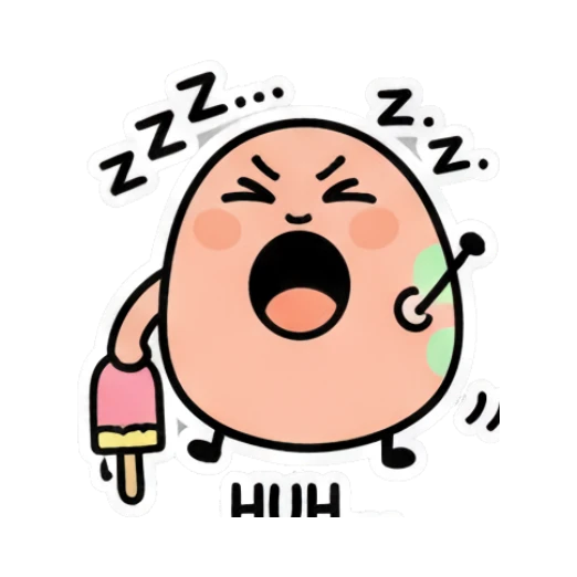 Pink egg character looking tired with an ice cream, text HUH Little Pink Egg Adventures sticker for expressive chats and social replies.