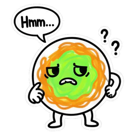 Noodle character thinking with a confused expression and text 'Hmm...' Scribble Noodle Pals sticker for expressive chats and social replies.