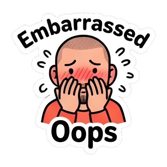 Embarrassed buzz-cut man covering face with hands, text Oops. Buzz Cut Guy Daily Vibes sticker for expressive chats and social replies.