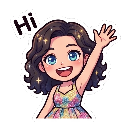 Curly-haired girl waving hello with a happy smile Sparkly Curly Girl Daily sticker for expressive chats and social replies.