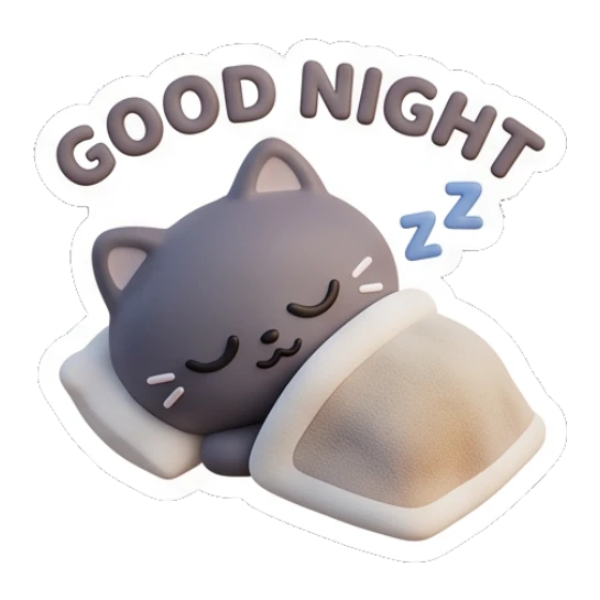 Tired grey cat sleeping under a blanket saying good night. Moody Grey Cat Daily sticker for expressive chats and social replies.