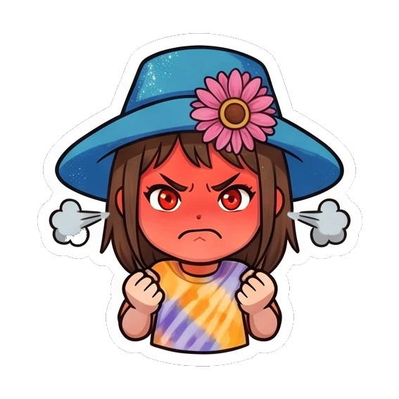 Girl in blue hat fuming with red face and steam Summer Hat Girl Adventures sticker for expressive chats and social replies.