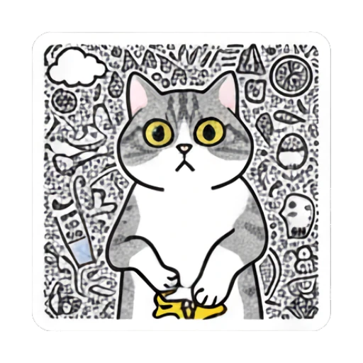 Confused cat looking at a small object with text Doodle Cat Daily Vibes sticker for expressive chats and social replies.