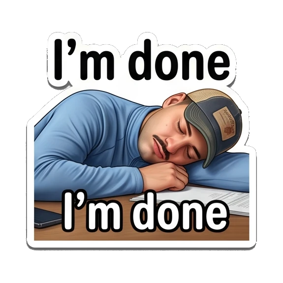 Man with mustache in cap sleeping on a desk Mustache Guy Daily Vibes sticker for expressive chats and social replies.